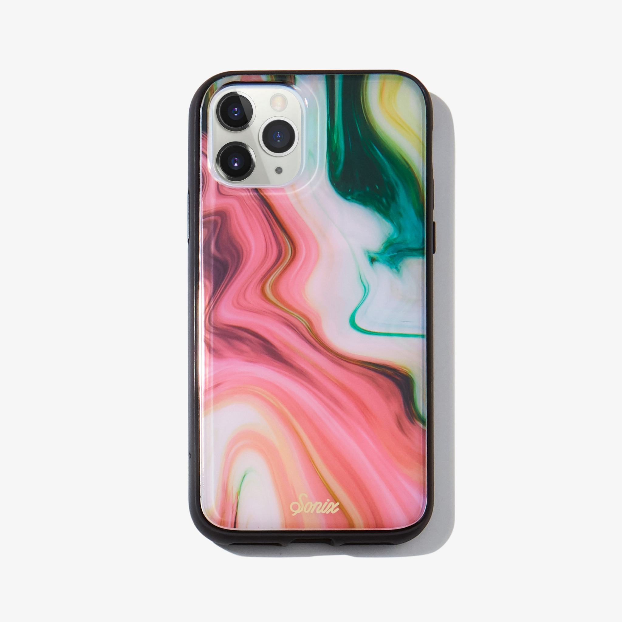 Quartz iPhone Case. Features a marbled print with a black bumper.