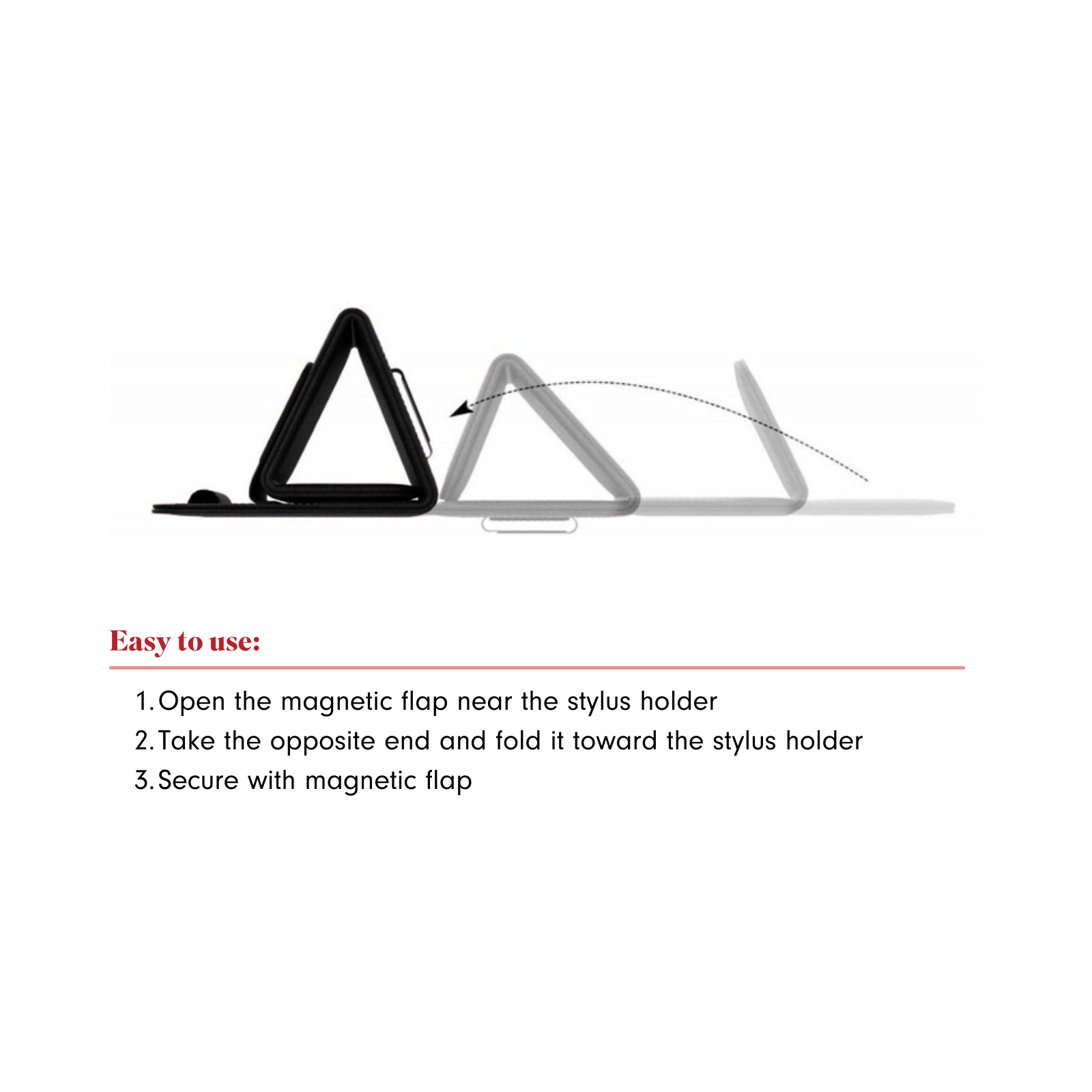 Instructions on how to fold up the iPad sleeve: first open the magnetic flap near the stylus holder, second take the opposite end and fold it toward the stylus holder, and third secure with magnetic flap.