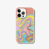 wavy colorful design on a pink sparkly iphone case with glitter and gold foil star details shown on an iphone 13 pro 