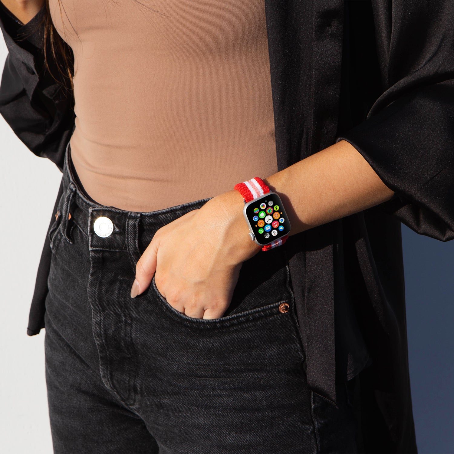 Knit Apple Watch® Band - Varsity Red + Pink Stripe