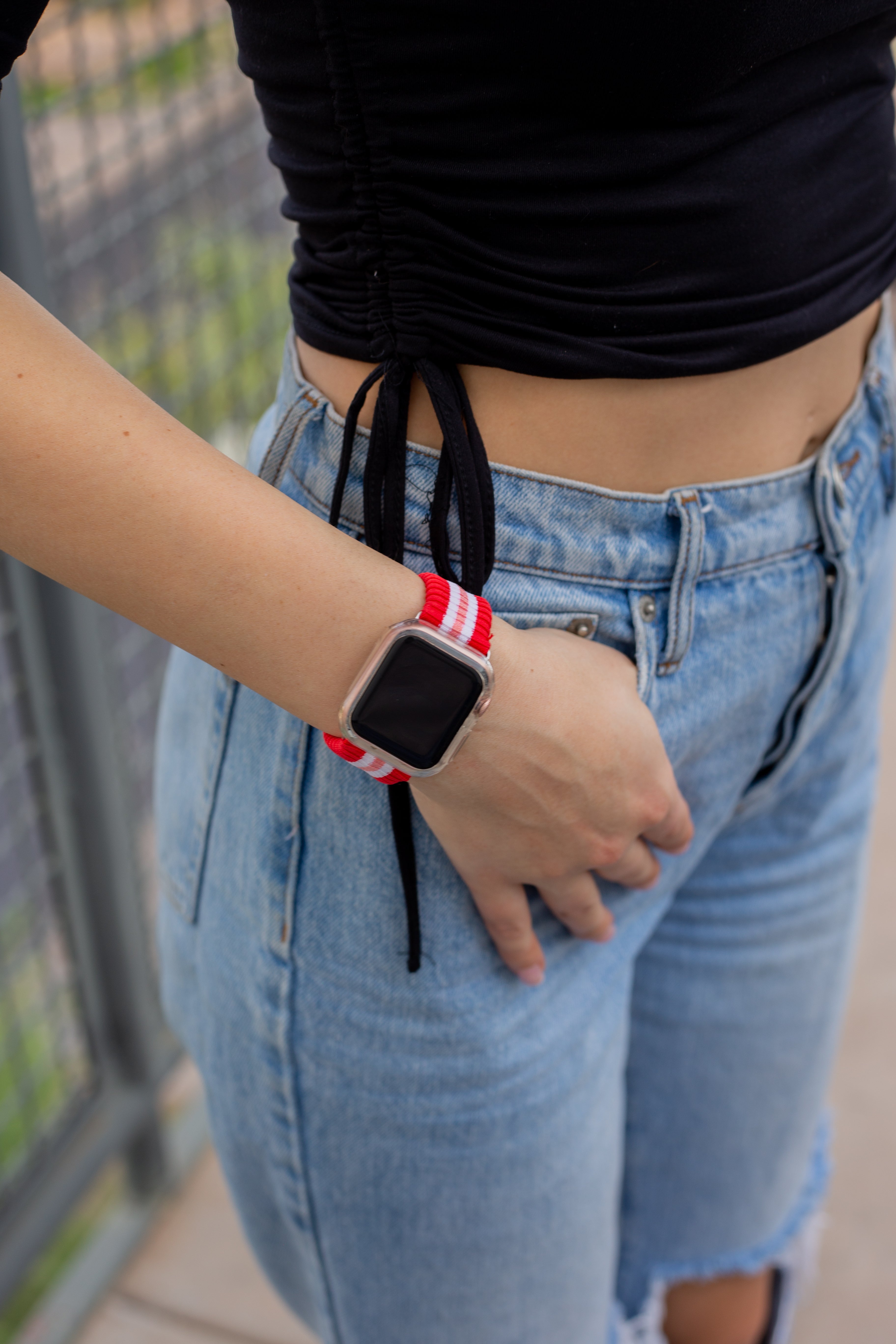 Knit Apple Watch® Band - Varsity Red + Pink Stripe