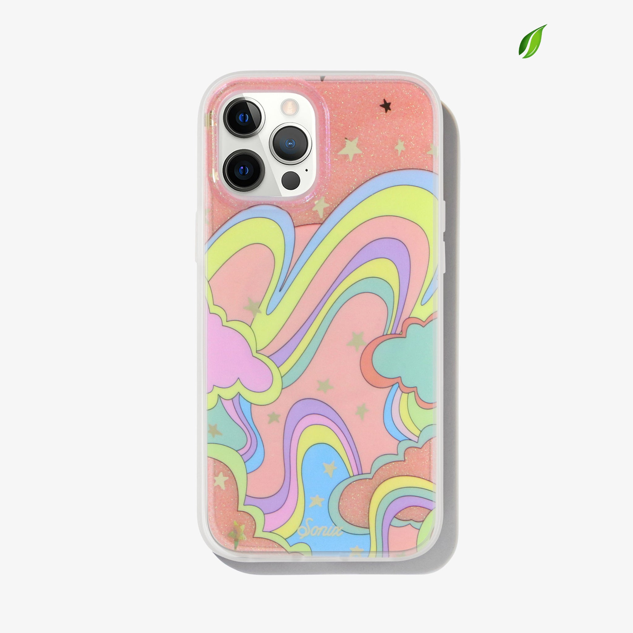 wavy colorful design on a pink sparkly iphone case with glitter and gold foil star details shown on an iphone 12 pro