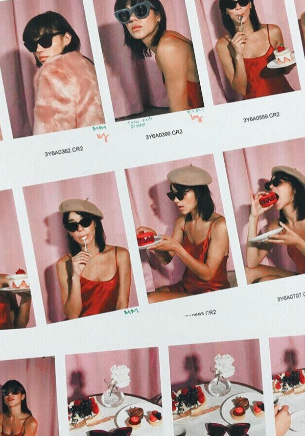 Contact sheet of styled photos showing a woman in a red slip dress, sunglasses, and a beret tasting desserts against a pink backdrop