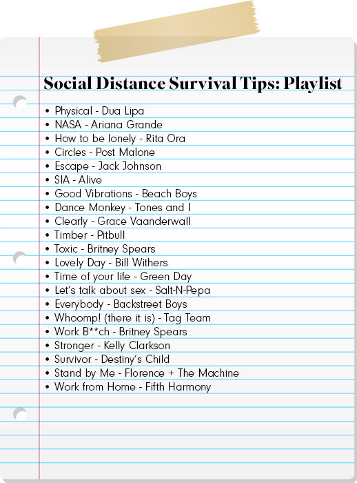 text list showing Social Distance Survival Tips: Playlist — curated at-home playlist for social distancing