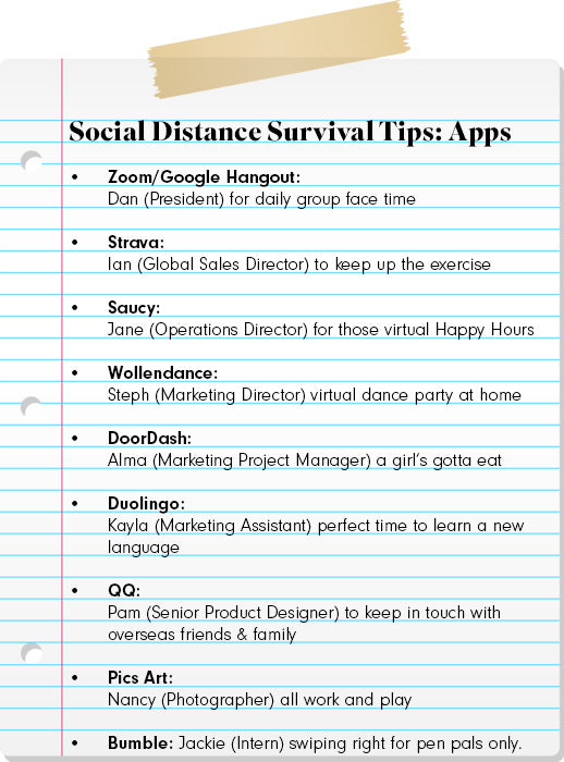List-style infographic showing recommended apps and staff suggestions for staying entertained and connected during social distancing