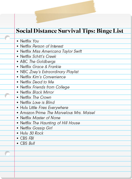 List of binge-watch TV recommendations including Netflix, Hulu, and Amazon Prime titles like You, Schitt’s Creek, The Crown, Black Mirror