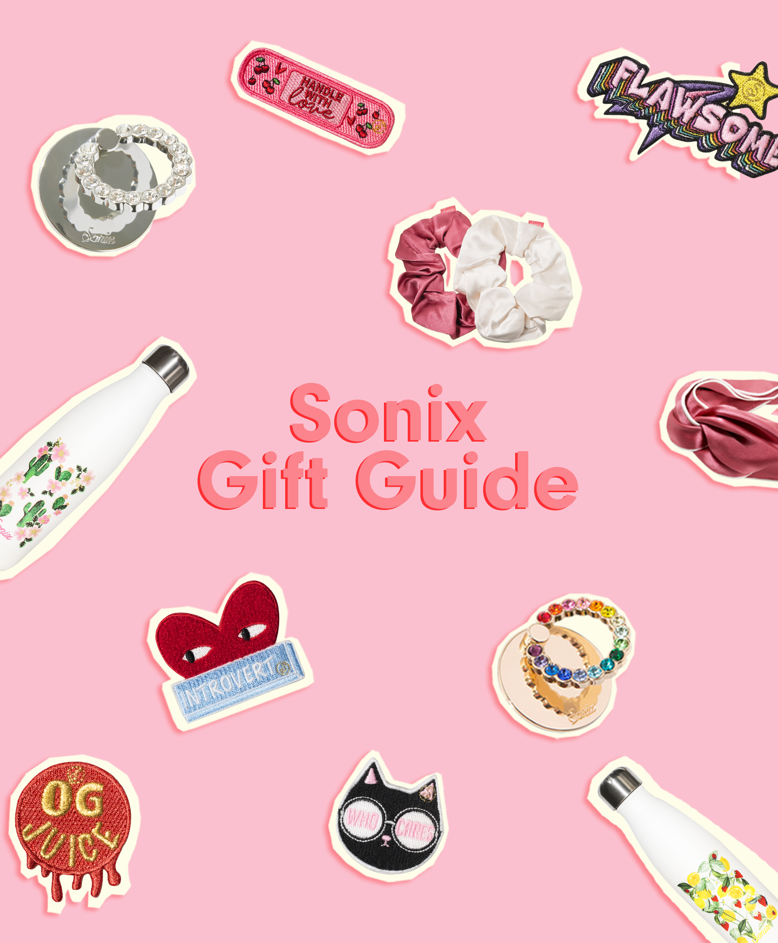 Promotional banner showing “Sonix Gift Guide” headline on a pink background with assorted accessories and stickers scattered around