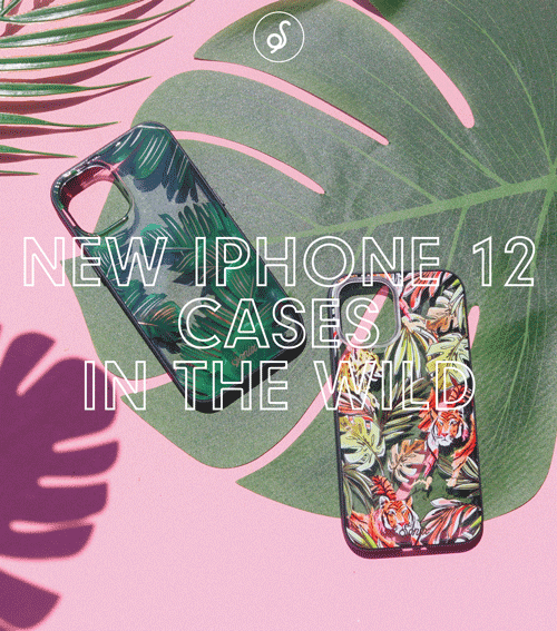 Top-down of two iPhone 12 cases with tropical prints on pink background and overlay text NEW IPHONE 12 CASES IN THE WILD