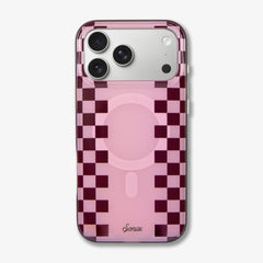 Back view of Diner Check iPhone 17 Pro Max case in Cognac Nude showcasing a burgundy checker pattern