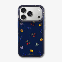 Back view of Fruit Gems iPhone 17 Pro case showcasing jeweled fruit motifs on a midnight blue background