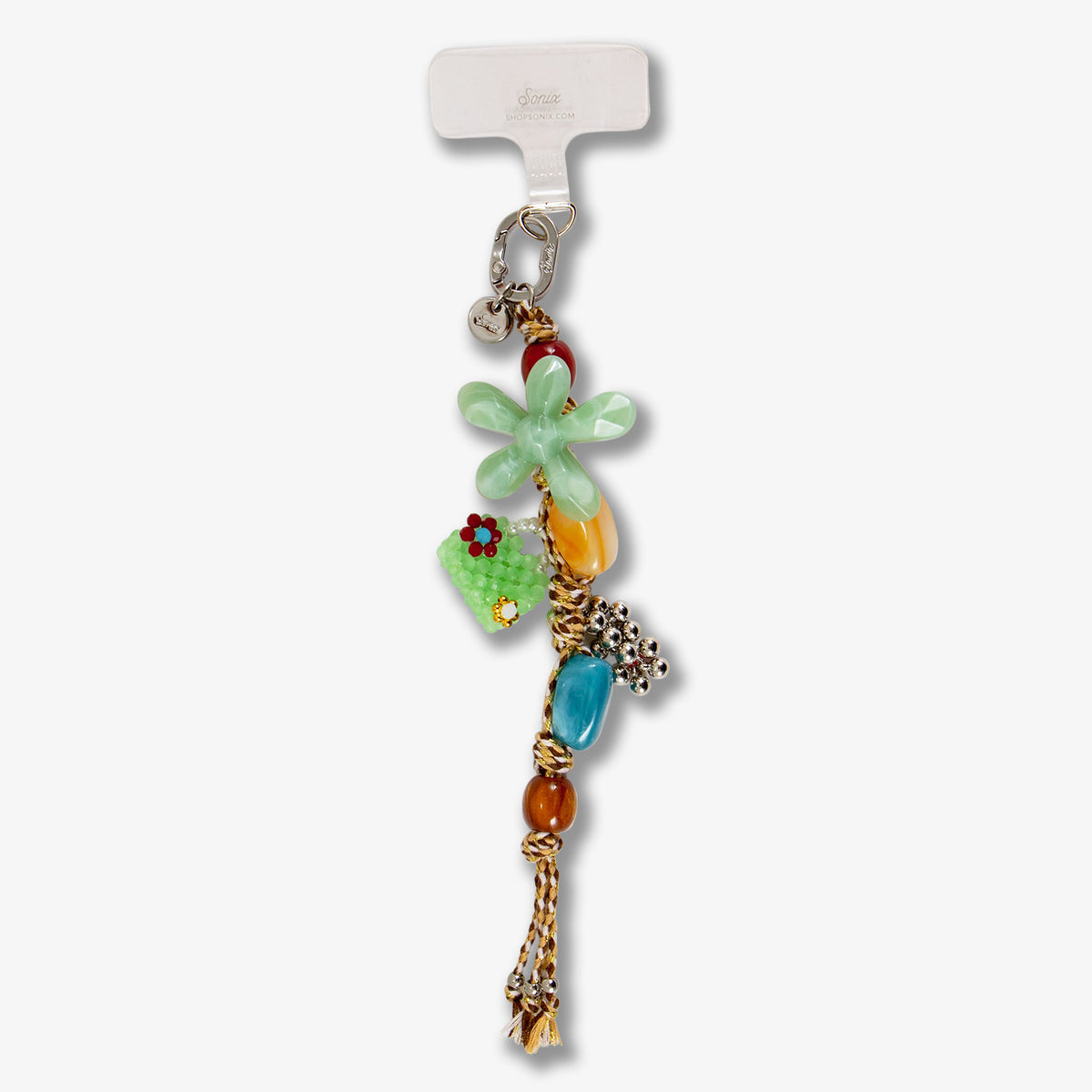 Front view of Jade Blossom phone tab charm showcasing colorful floral beads and braided gold cord on a white background