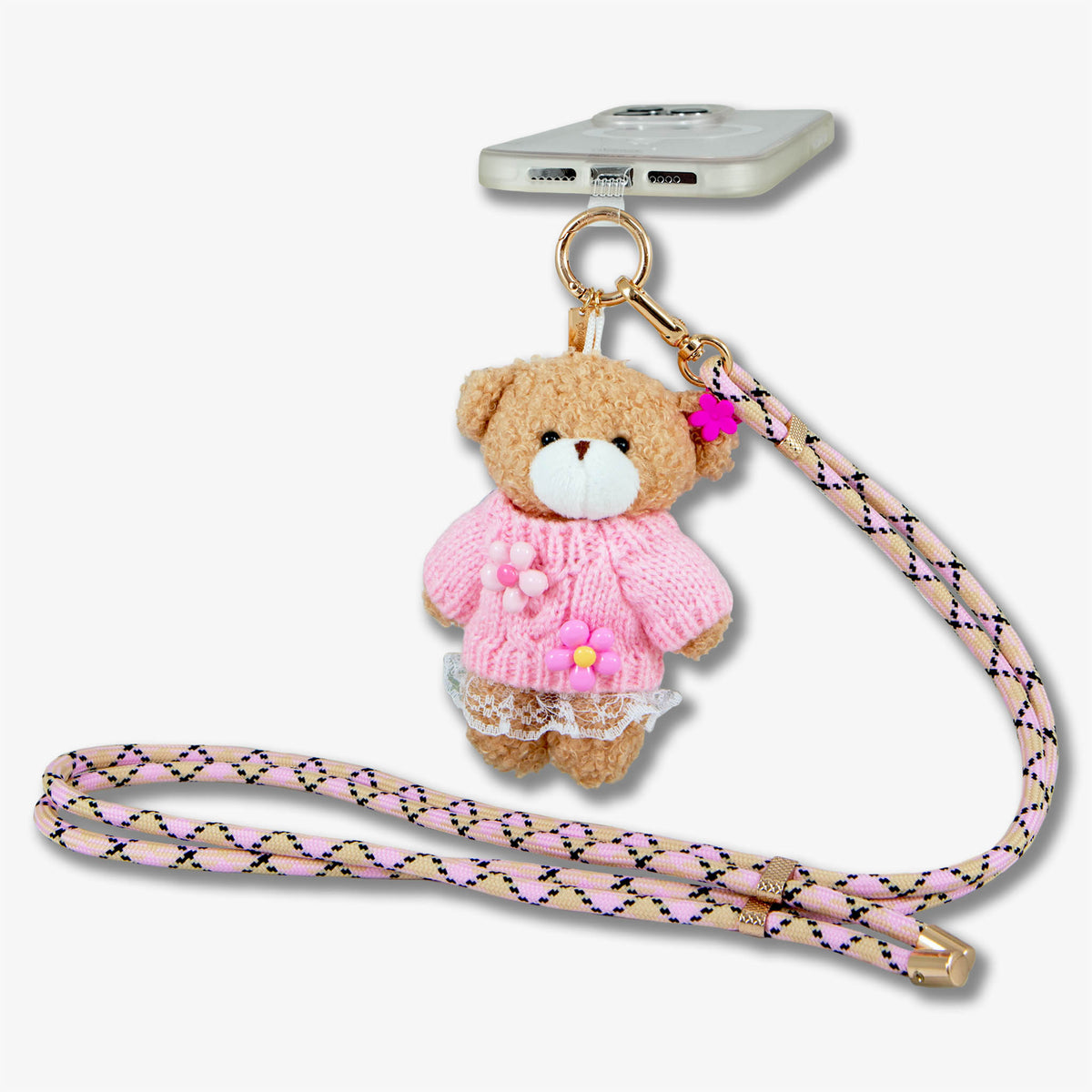 Universal Crossbody Phone Strap with Plush Animal - Pink Flower Teddy