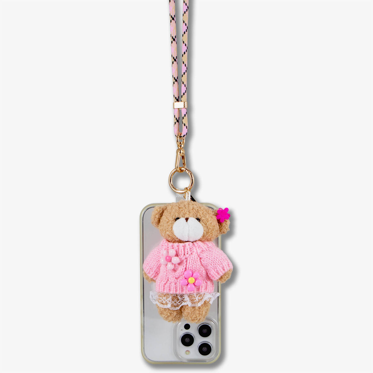 Universal Crossbody Phone Strap with Plush Animal - Pink Flower Teddy