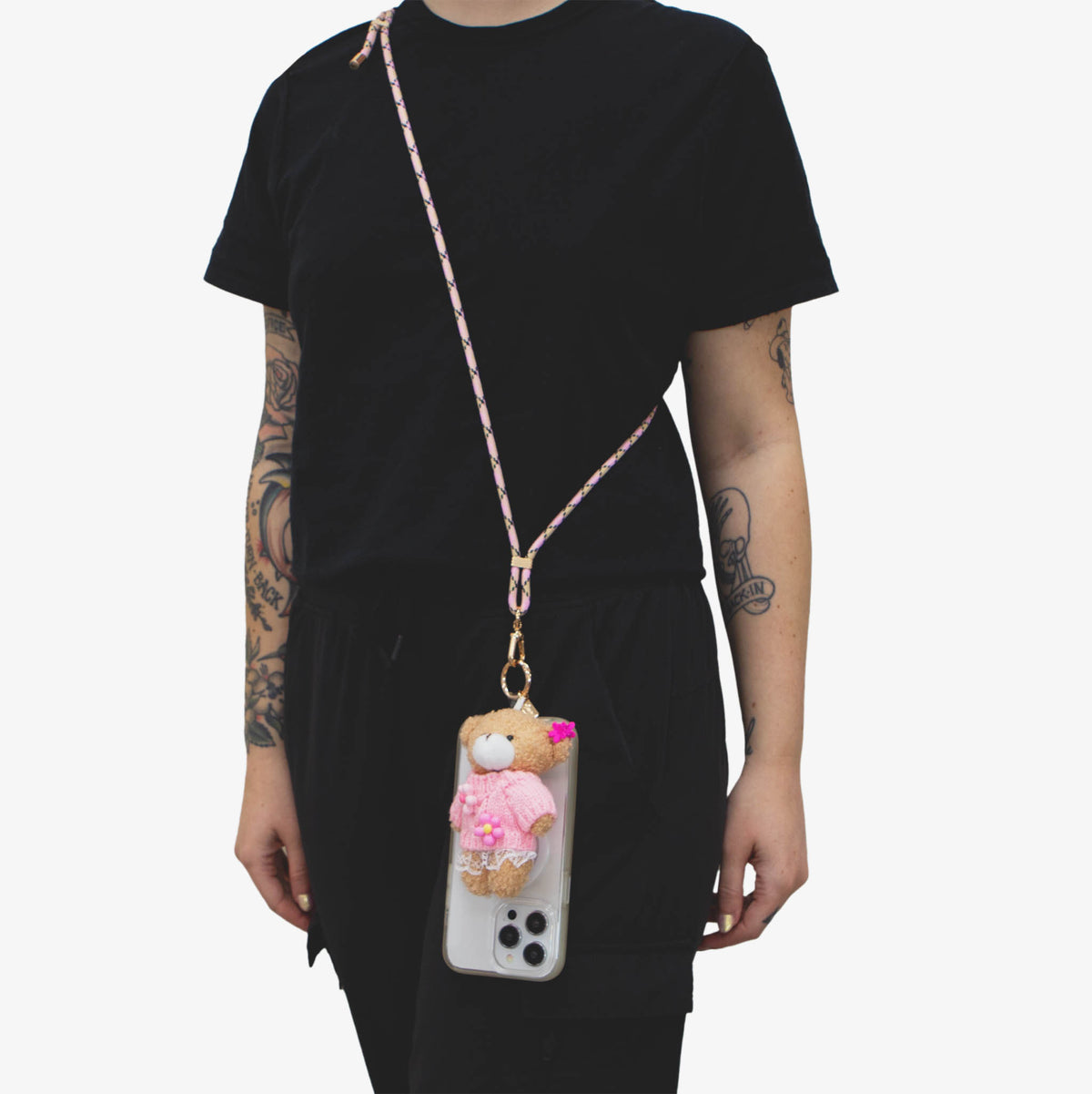 Universal Crossbody Phone Strap with Plush Animal - Pink Flower Teddy