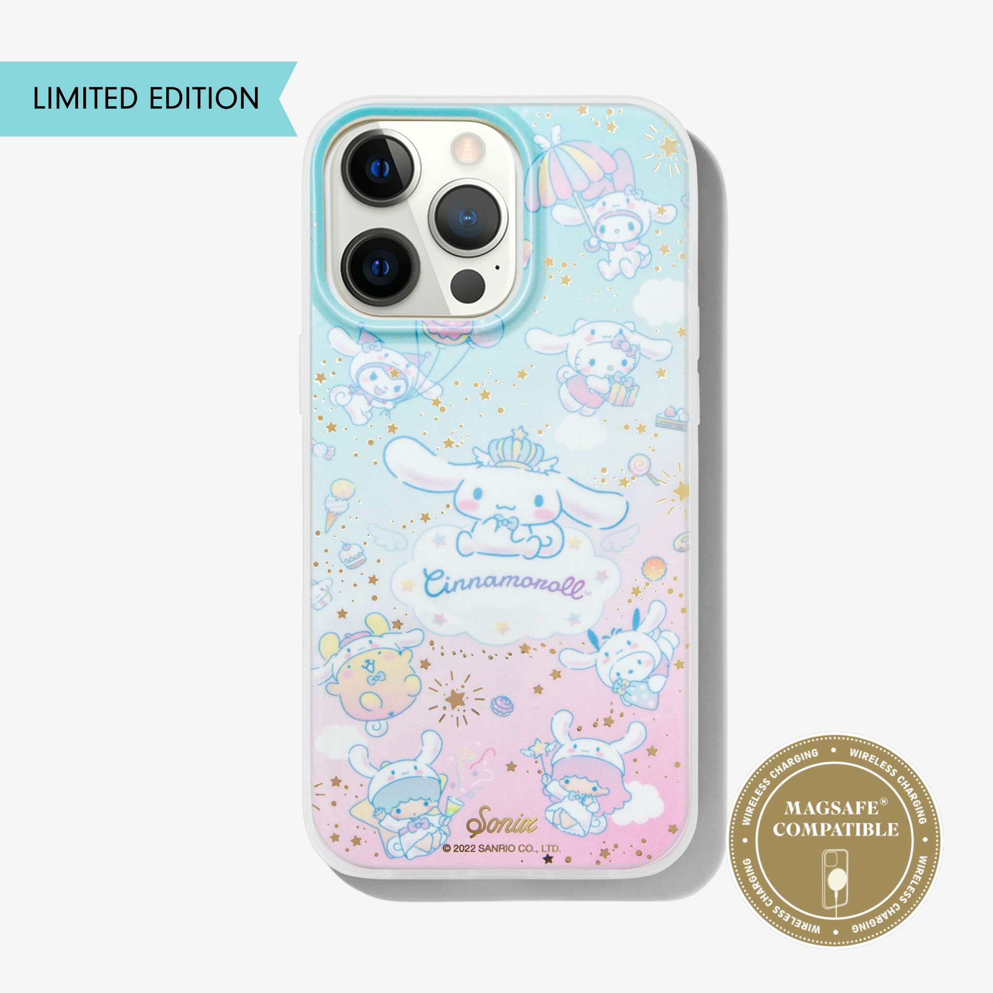 iphone 12 pro iphone 12 pro max dreamy cinnamoroll iphone case with cinnamoroll and hello kitty and friends with gold foil stars on coulds pink and blue little twin stars pompompuin pochacco kuromi my melody