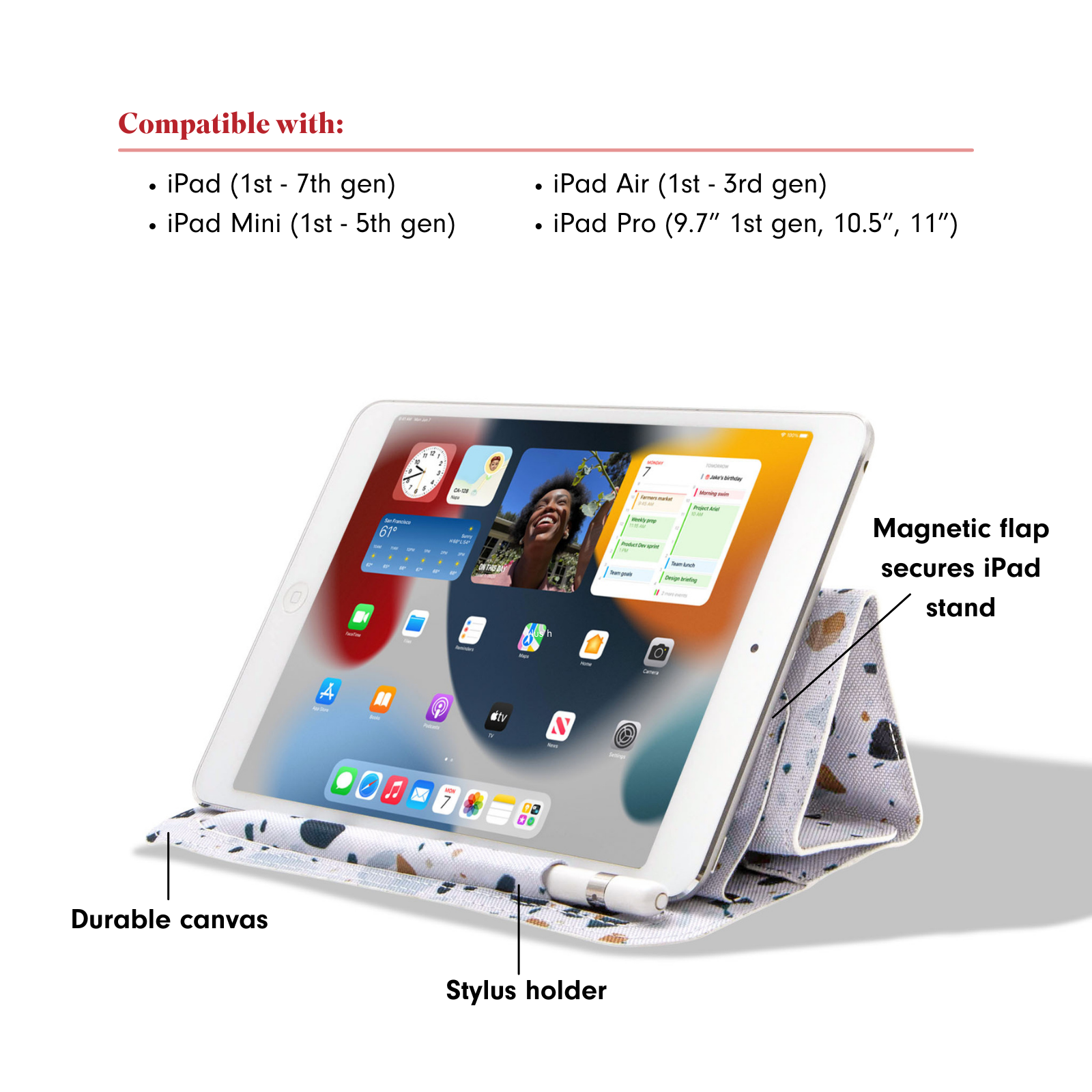 Description of folded up iPad sleeve calling out durable canvas material, magnetic flap secures iPad stand, and showing the stylus holder location.