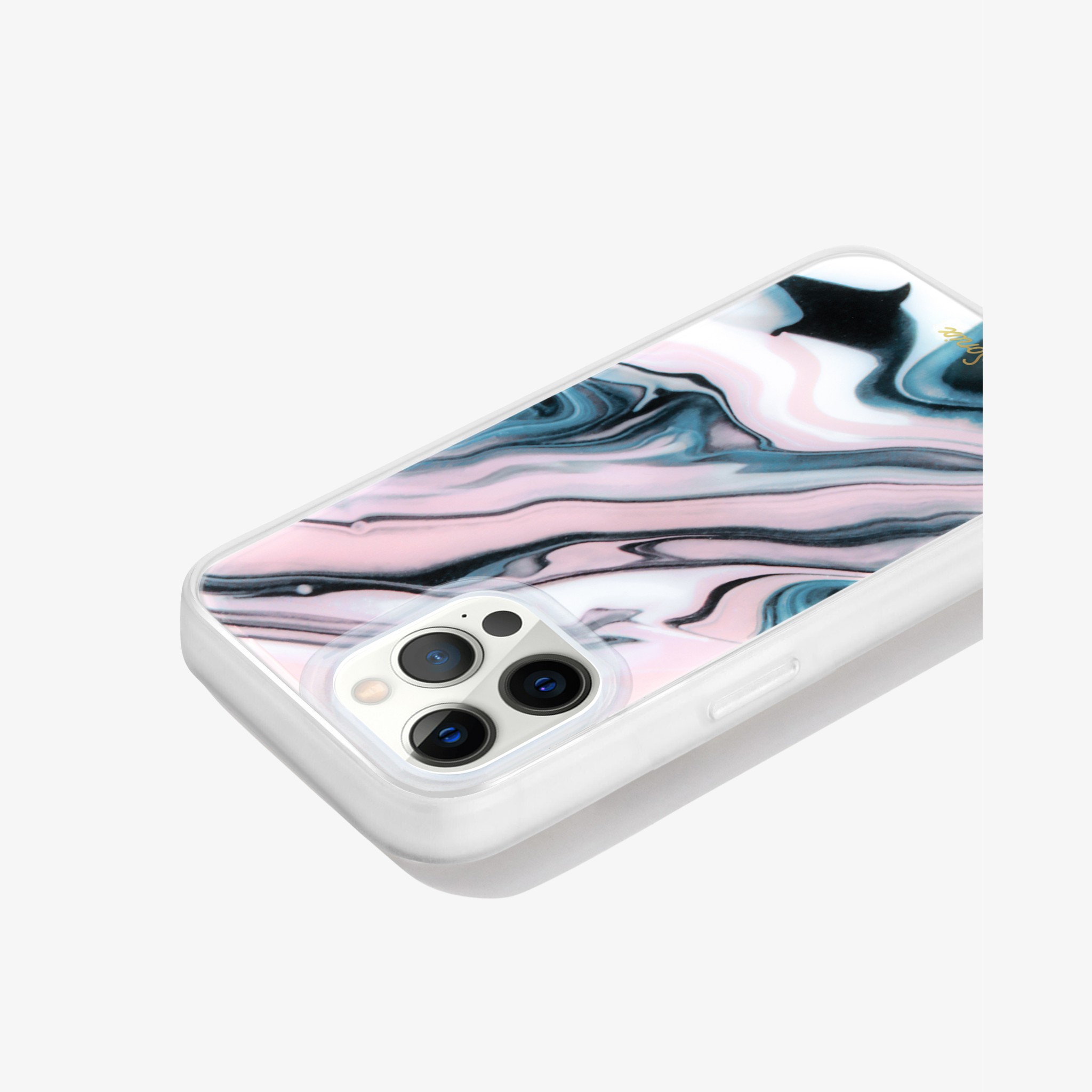Quartz iphone case featuring pink marble quartz design on white iphone 13 pro max side view