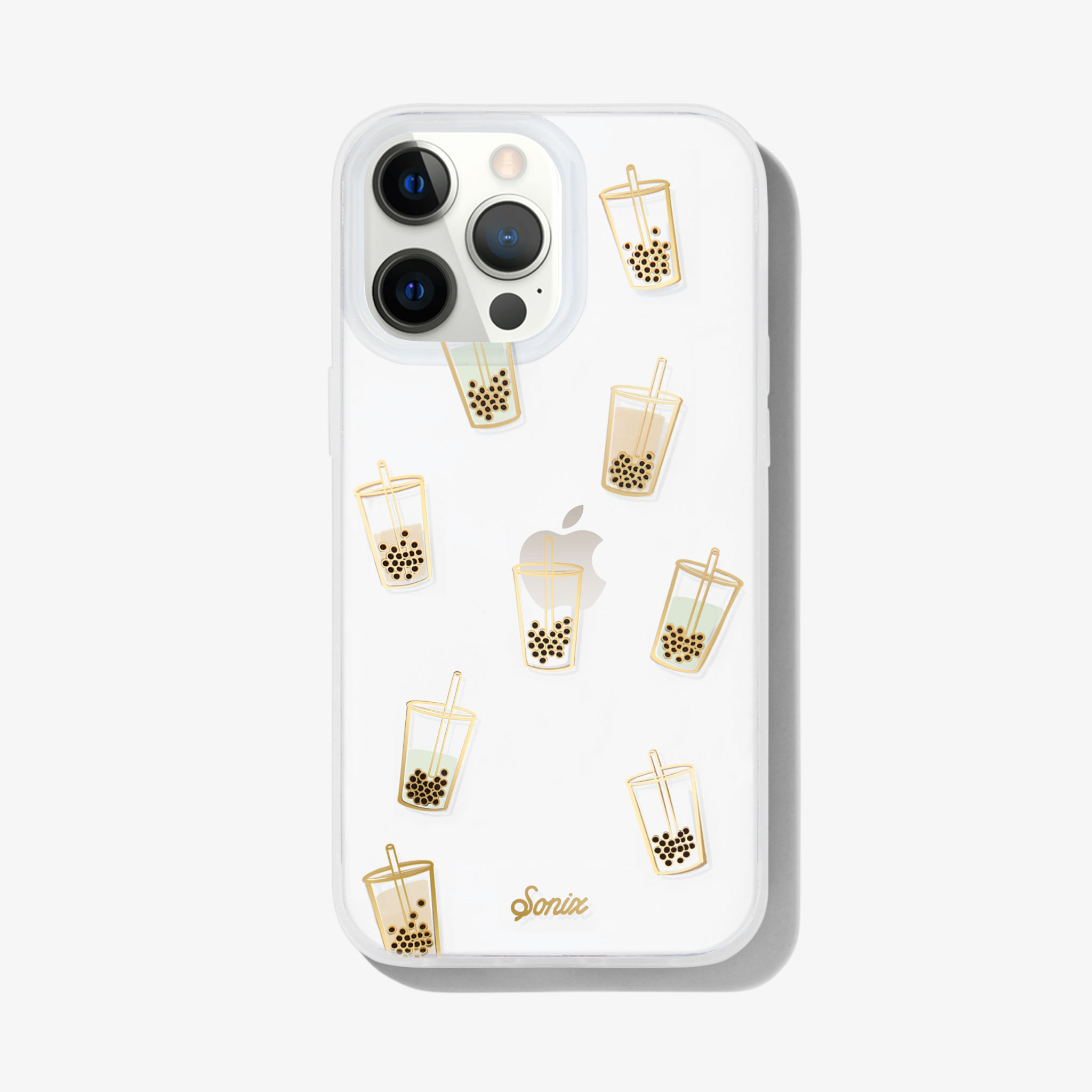 boba drink cups with gold foiling on a clear case shown on an iphone 13 pro max 