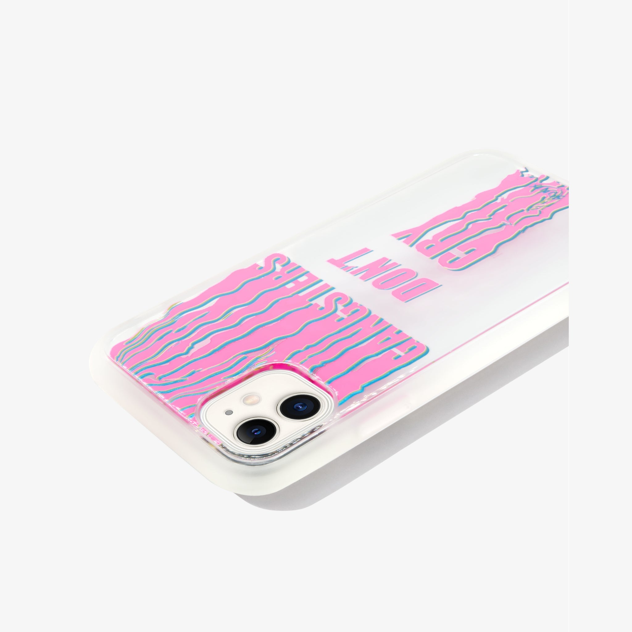 "gangsters dont cry" written in pink and blue wavey lettering shown on an iphone 11 side view