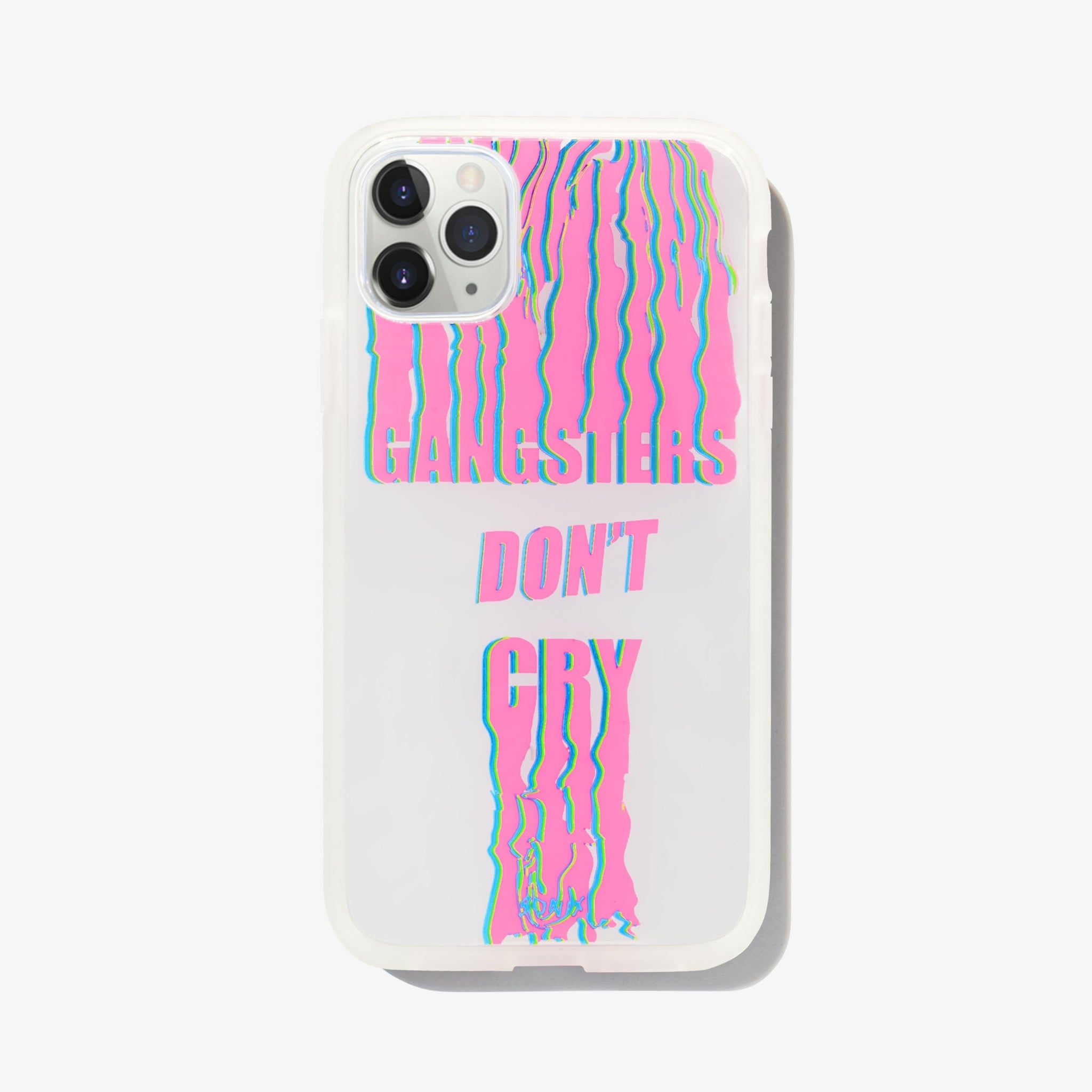 "gangsters dont cry" written in pink and blue wavey lettering shown on an iphone 11 pro