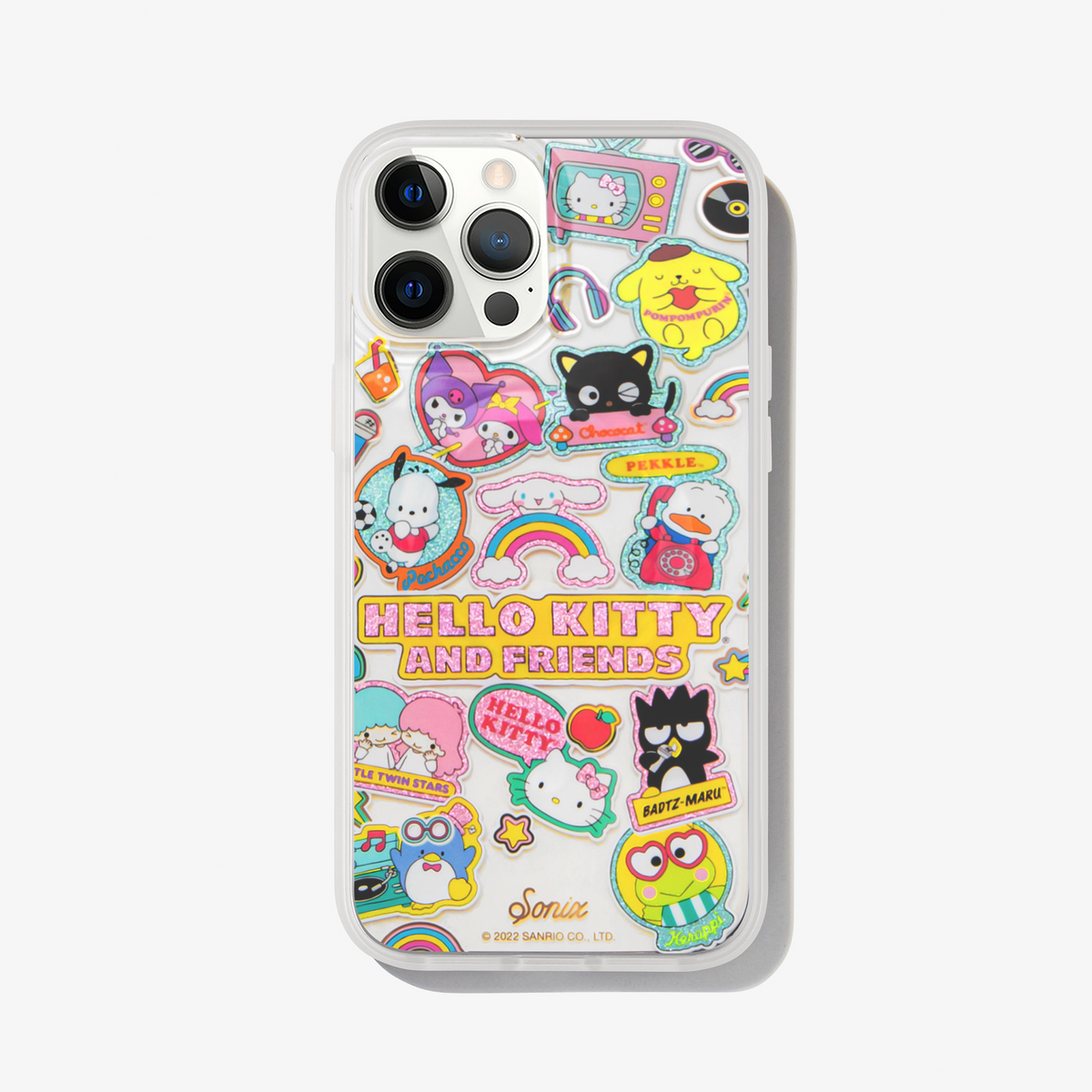 clear case with many beloved hello kitty characters featuring multi-color glitter and classic gold foiling shown on an iphone 12 pro
