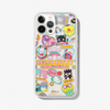  clear case with many beloved hello kitty characters featuring multi-color glitter and classic gold foiling shown on an iphone 12 pro
