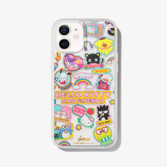clear case with many beloved hello kitty characters featuring multi-color glitter and classic gold foiling shown on an iphone 12