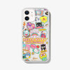  clear case with many beloved hello kitty characters featuring multi-color glitter and classic gold foiling shown on an iphone 12