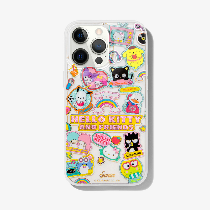 clear case with many beloved hello kitty characters featuring multi-color glitter and classic gold foiling shown on an iphone 13 pro max