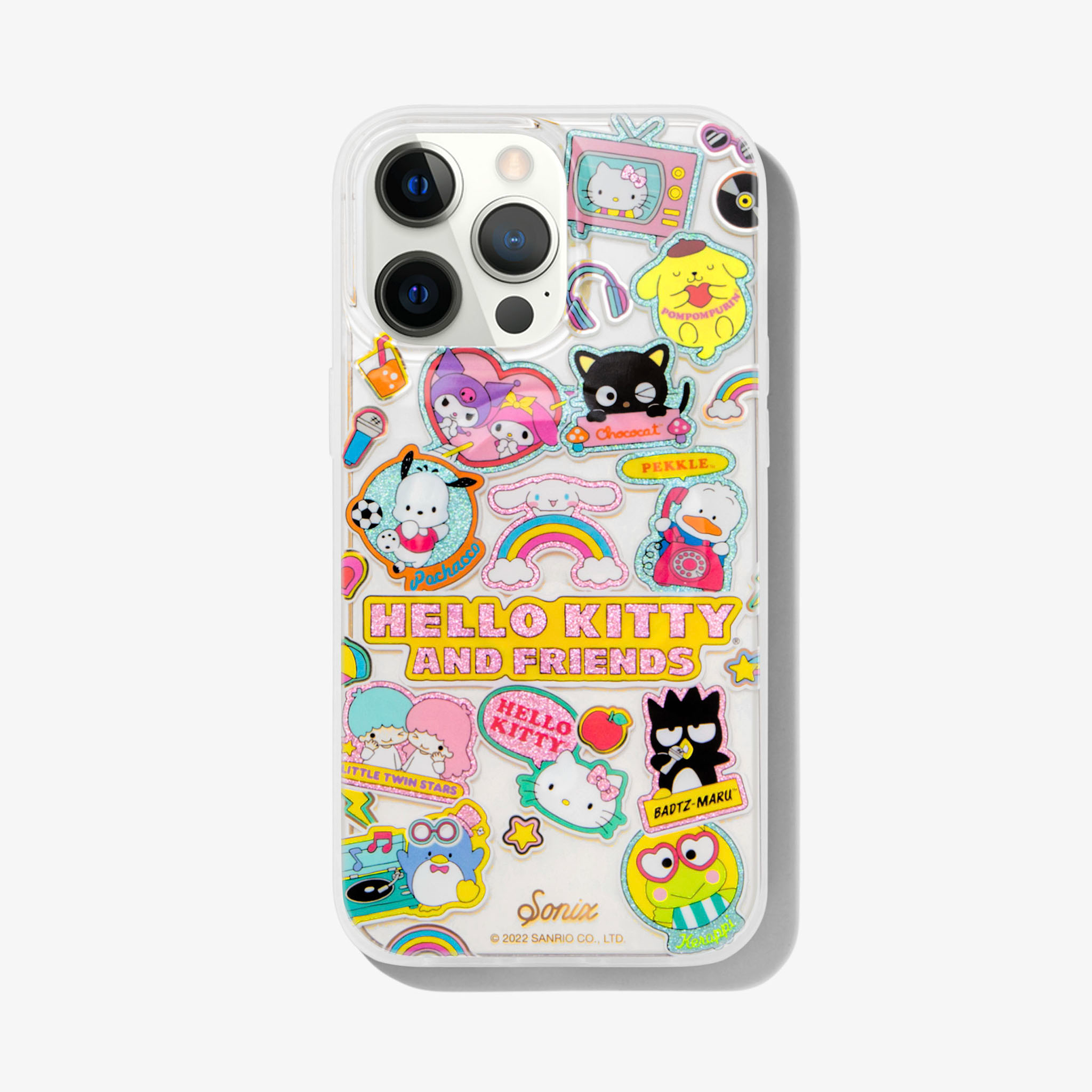  clear case with many beloved hello kitty characters featuring multi-color glitter and classic gold foiling shown on an iphone 13 pro max