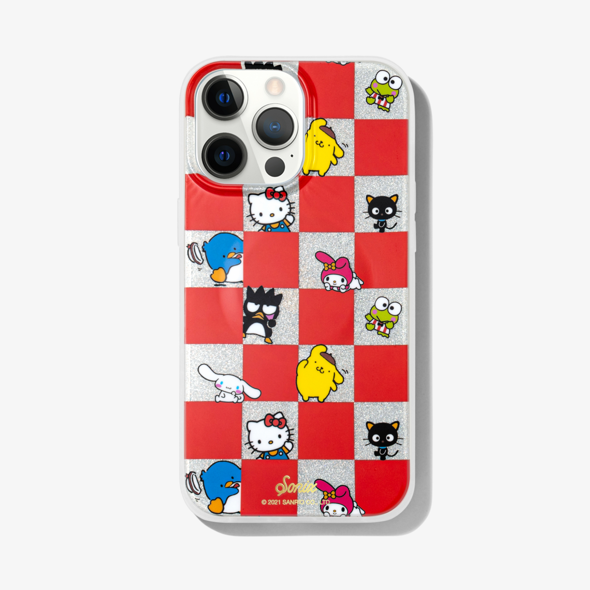 a silver glitter, red checkered print with all your favorite Sanrio® friends waving hello shown on an iphone 13 pro max