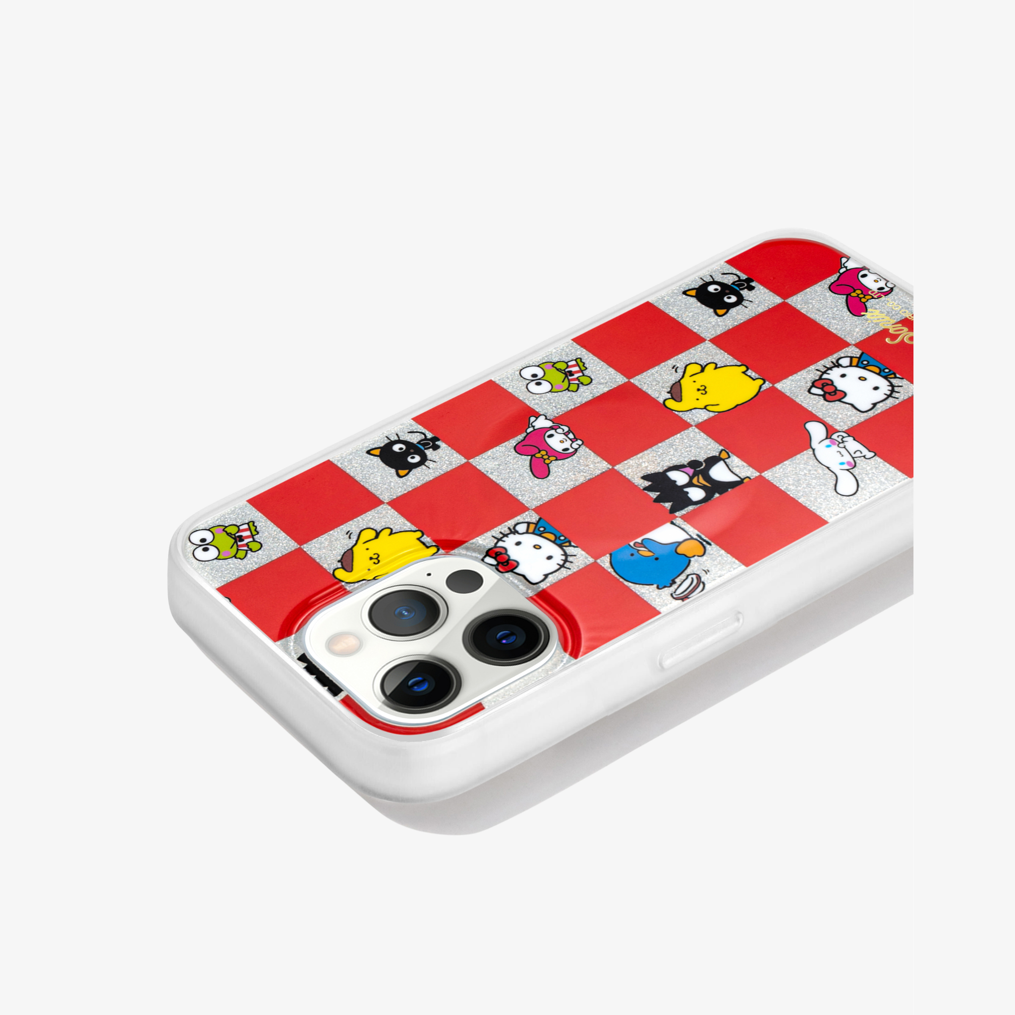a silver glitter, red checkered print with all your favorite Sanrio® friends waving hello shown on an iphone 13 pro max side view