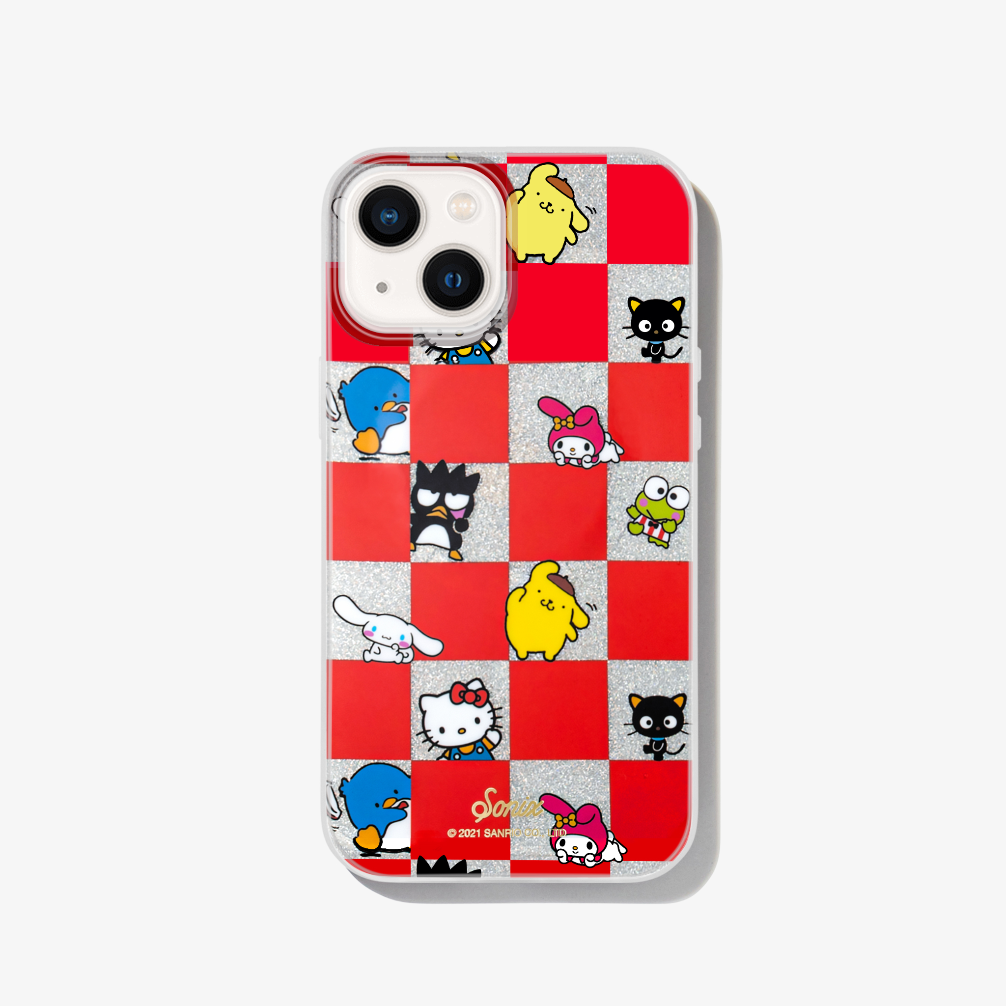 a silver glitter, red checkered print with all your favorite Sanrio® friends waving hello shown on an iphone 13 