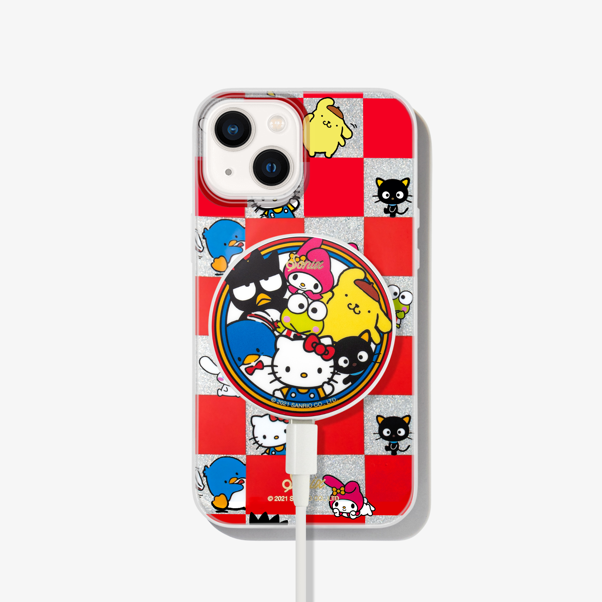 a silver glitter, red checkered print with all your favorite Sanrio® friends waving hello shown on an iphone 13 with a maglink hello kitty and friends charger on the back