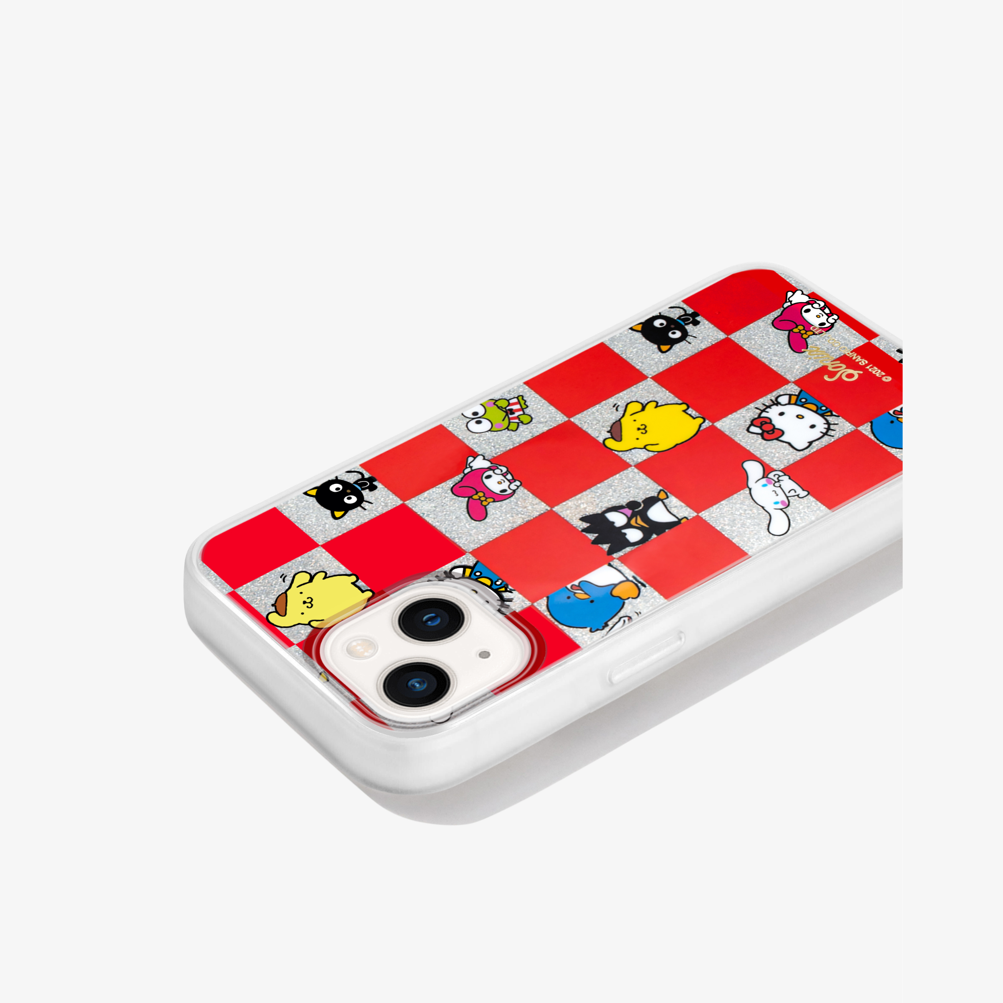 a silver glitter, red checkered print with all your favorite Sanrio® friends waving hello shown on an iphone 13 side view