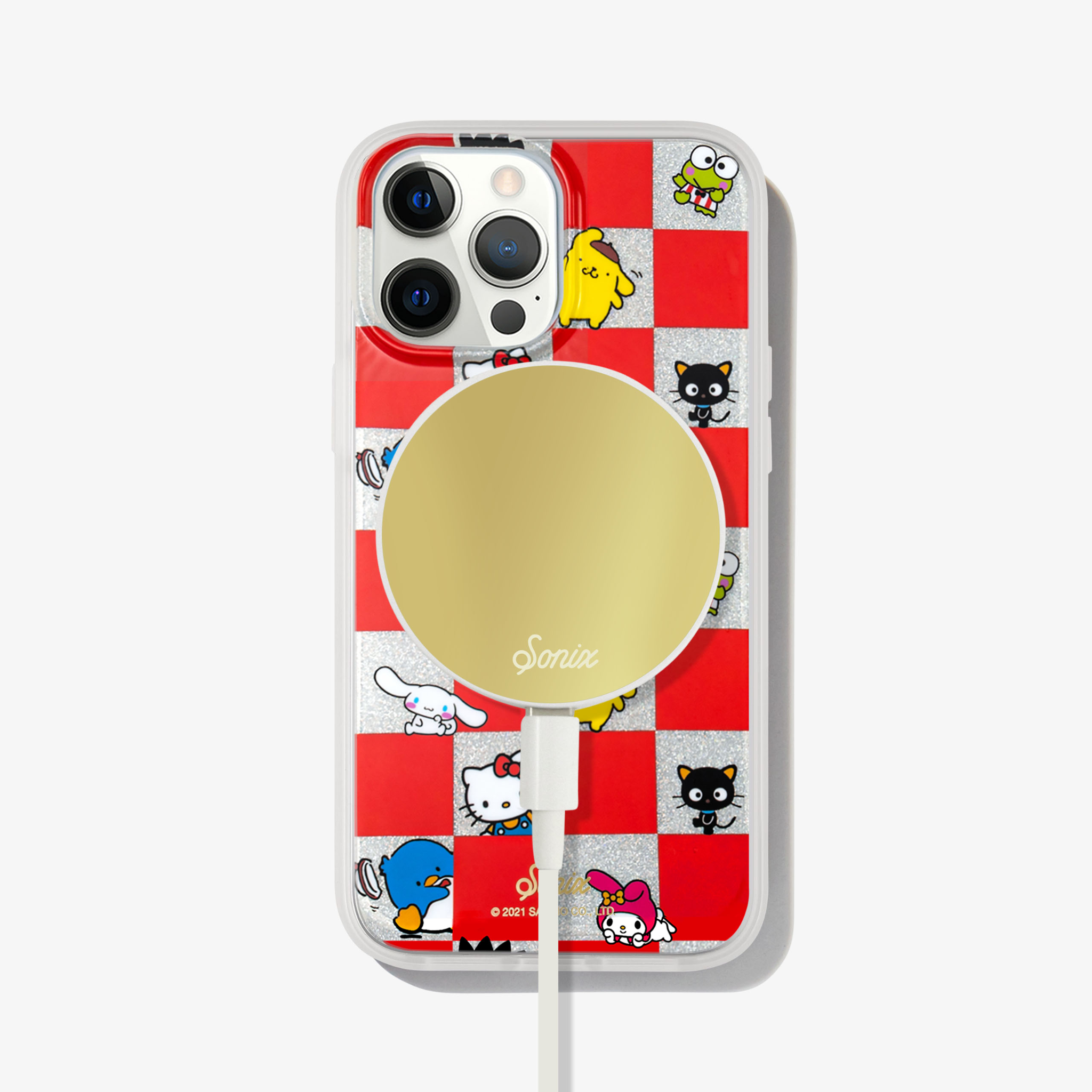 a silver glitter, red checkered print with all your favorite Sanrio® friends waving hello shown on an iphone 12 pro with a gold maglink charger on the back