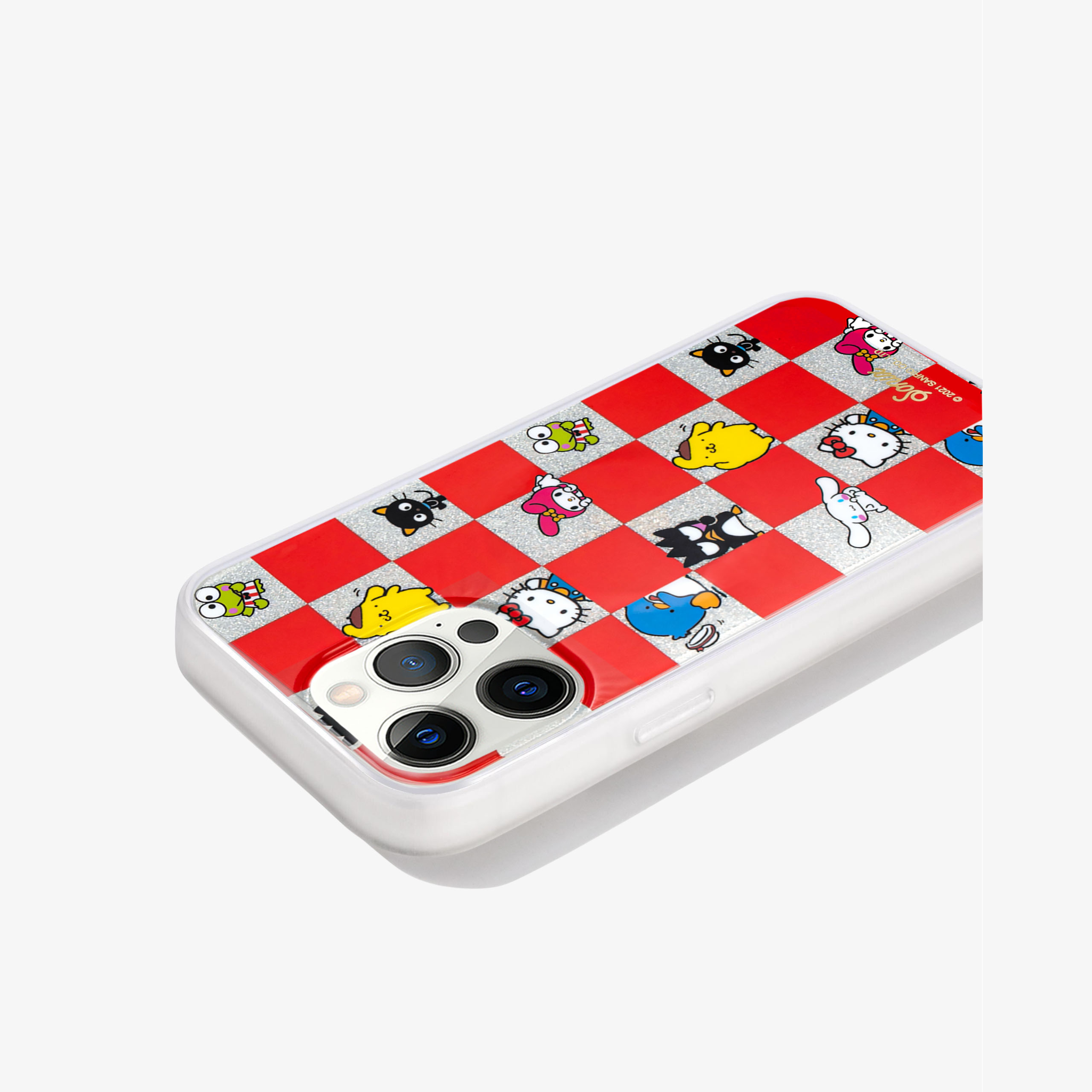 a silver glitter, red checkered print with all your favorite Sanrio® friends waving hello shown on an iphone 12 pro side view