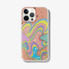 wavy colorful design on a pink sparkly iphone case with glitter and gold foil star details shown on an iphone 13 pro max