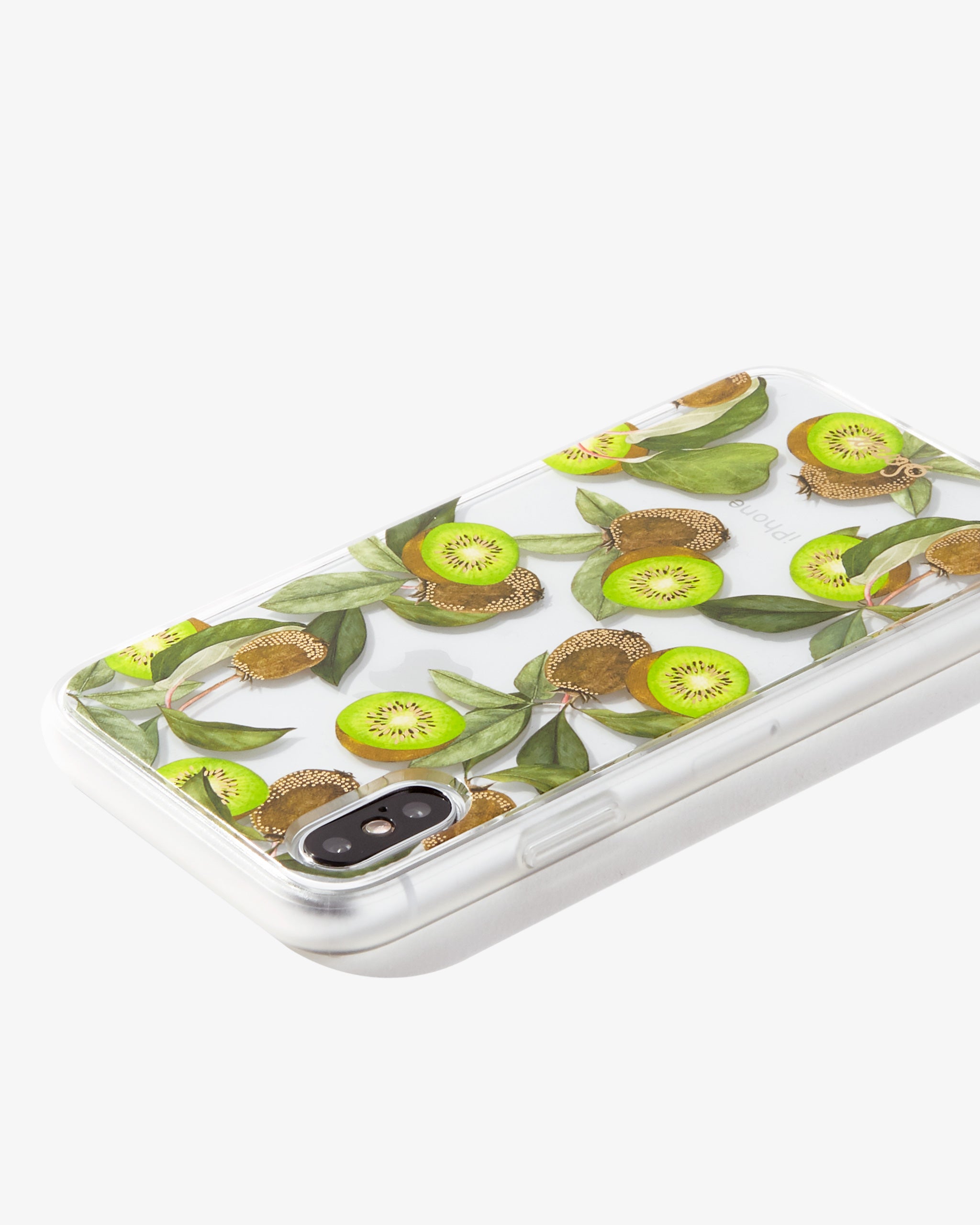 kiwis on a clear case shown on an iphone xs side view