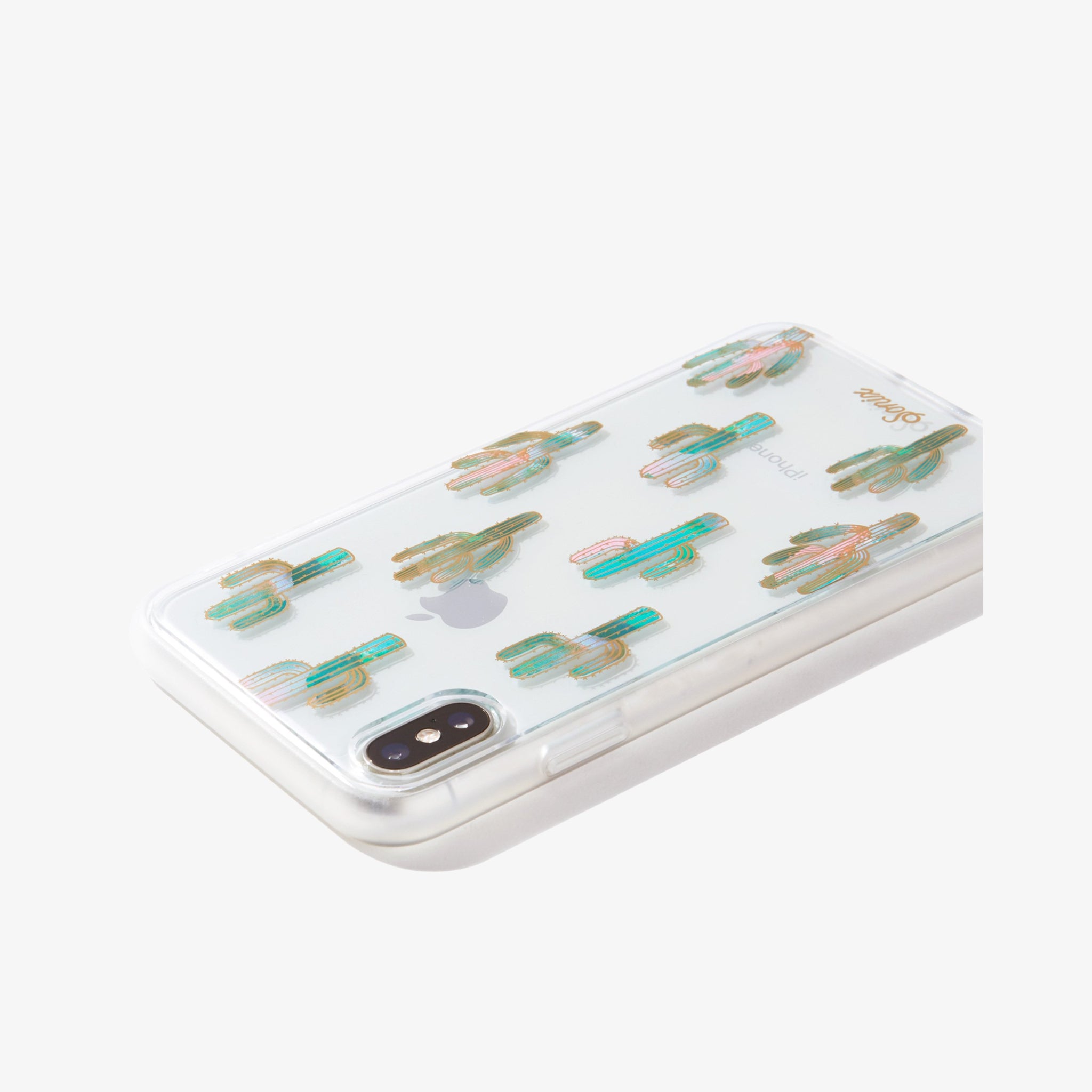 holographic cactus print shown on an iphone xs max side view