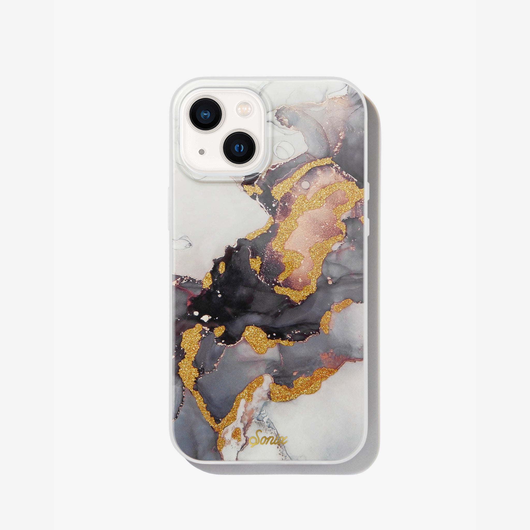 an intergalactic purple and dark colored design with gold glitter to bring out-of-this-world elements shown on an iphone 13