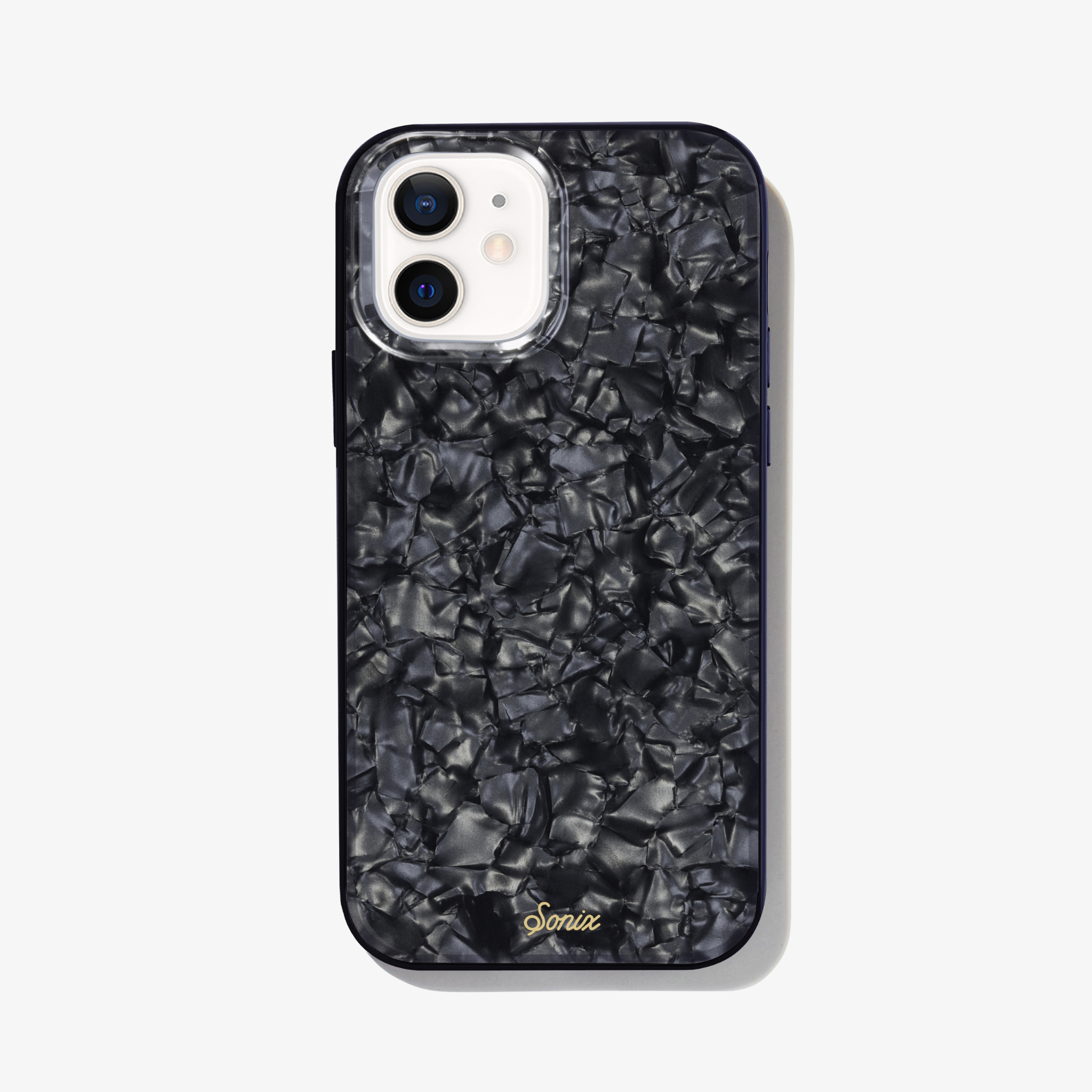 Black tortoiseshell iridescent case on white iphone 12 case