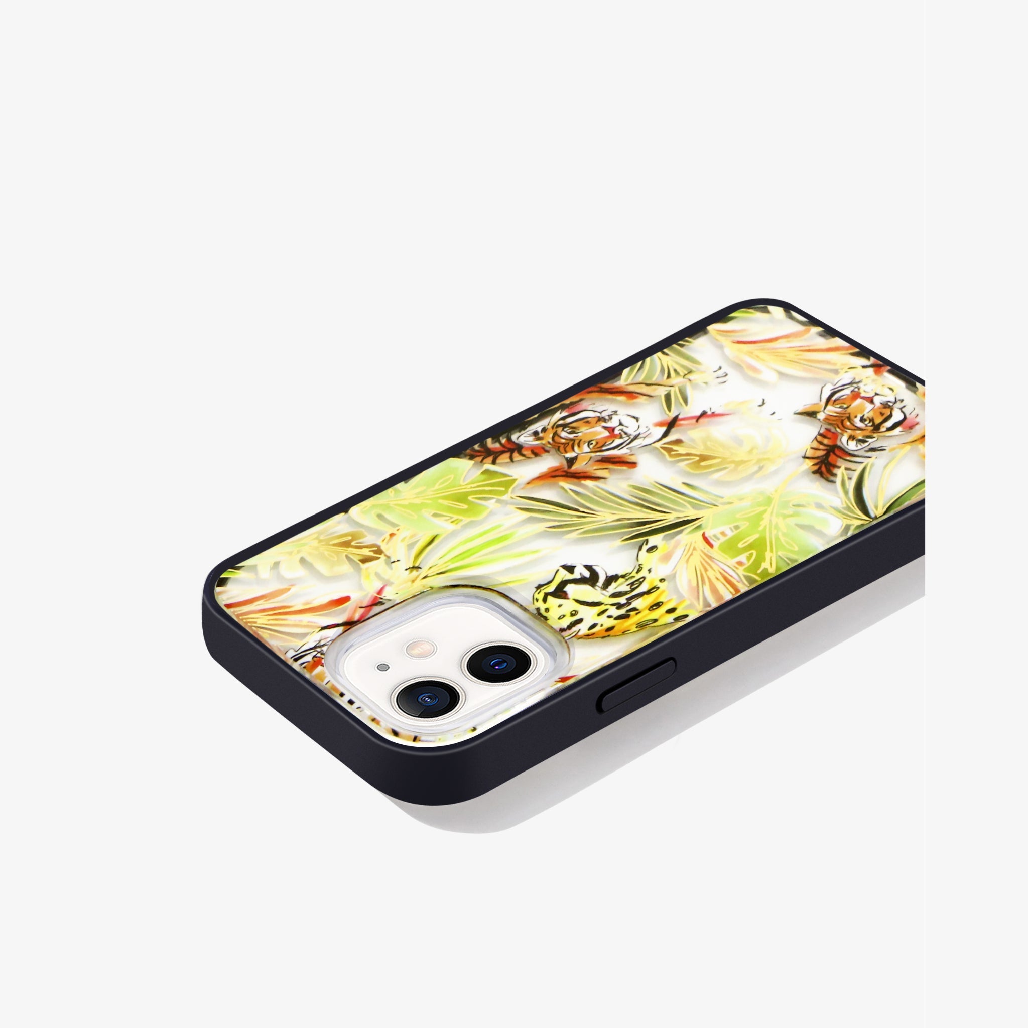 watercolor print of jungle cats with gold foil embroidered shown on an iphone 12 side view