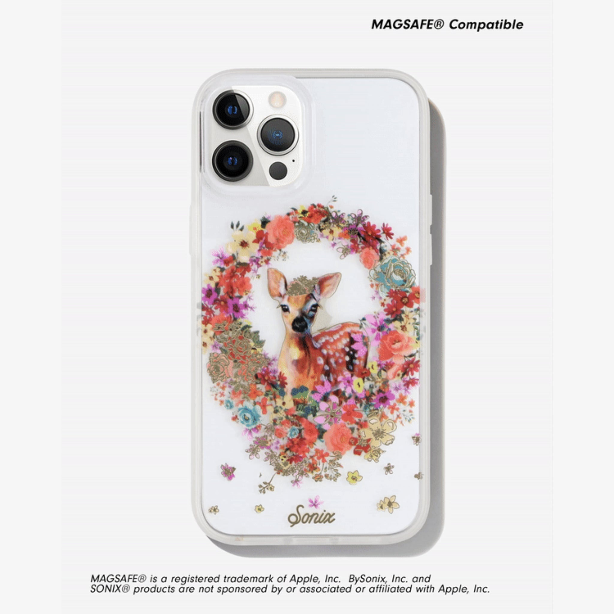a fawn with a flower crown surrounded by an array of mini wildflowers shown on an iphone 12 pro