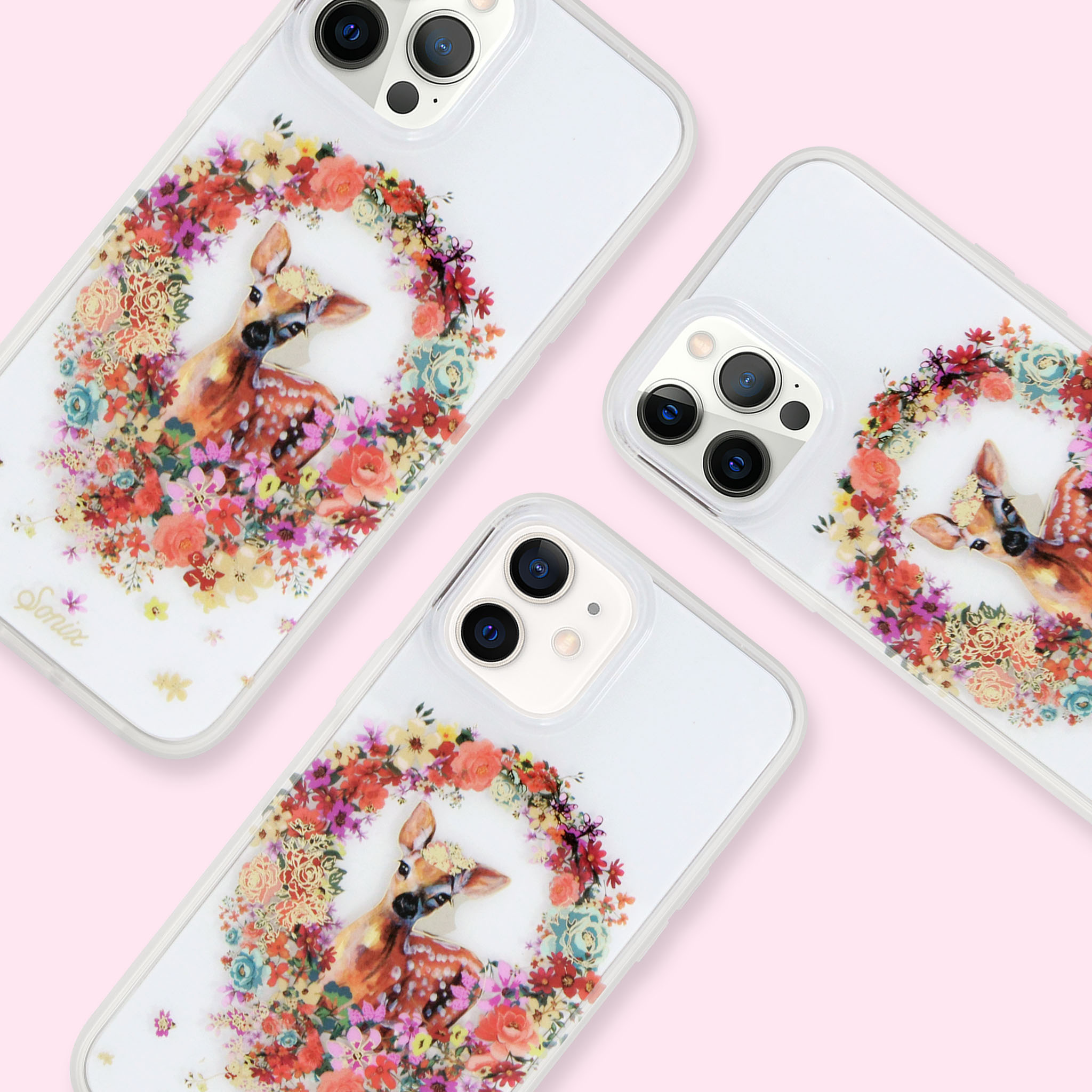  a fawn with a flower crown surrounded by an array of mini wildflowers shown on three different iphones