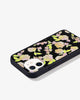 Black, iPhone case features a black base, gold foil details, and dainty flowers side view