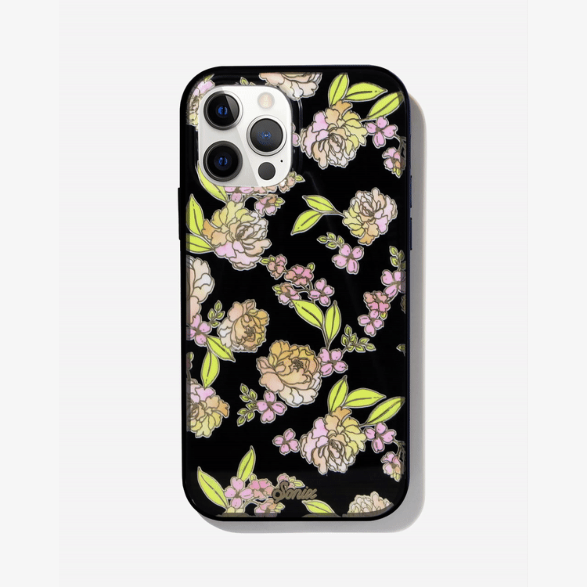 Black, iPhone case features a black base, gold foil details, and dainty flowers on an iphone 12 pro
