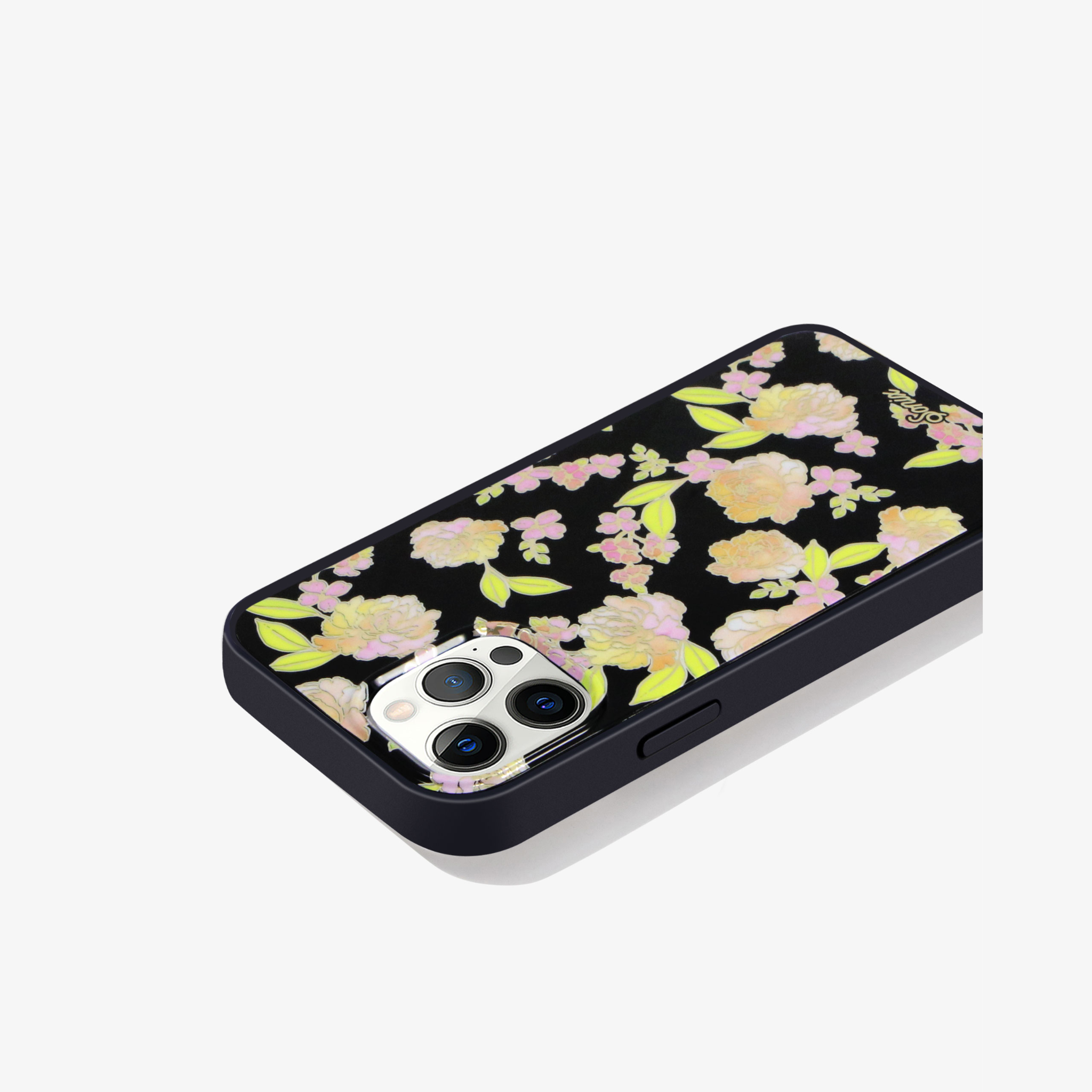 Black, iPhone case features a black base, gold foil details, and dainty flowers on an iphhone 12 pro side view