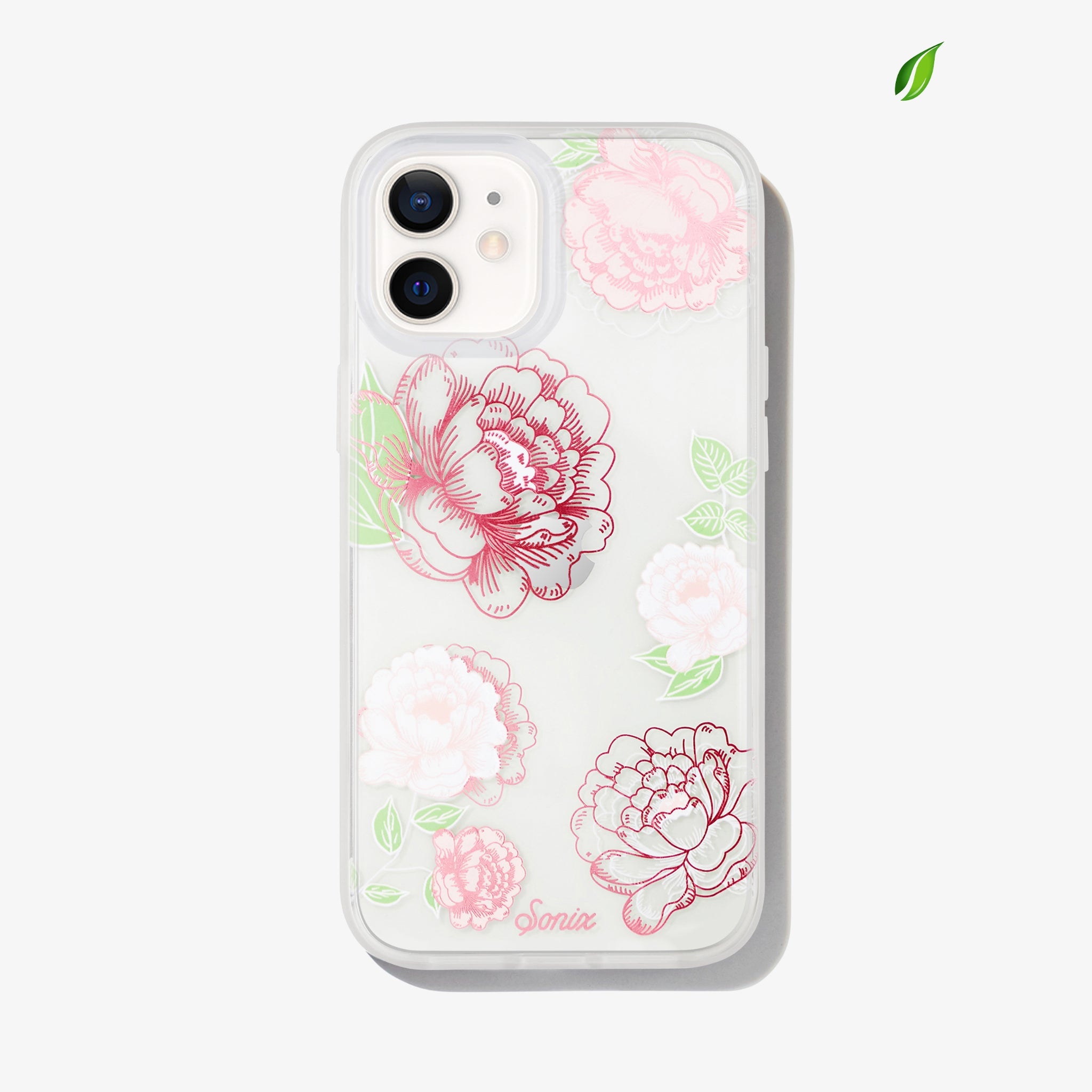delicate pink and white roses, finished with pink foiling shown on an iphone 12