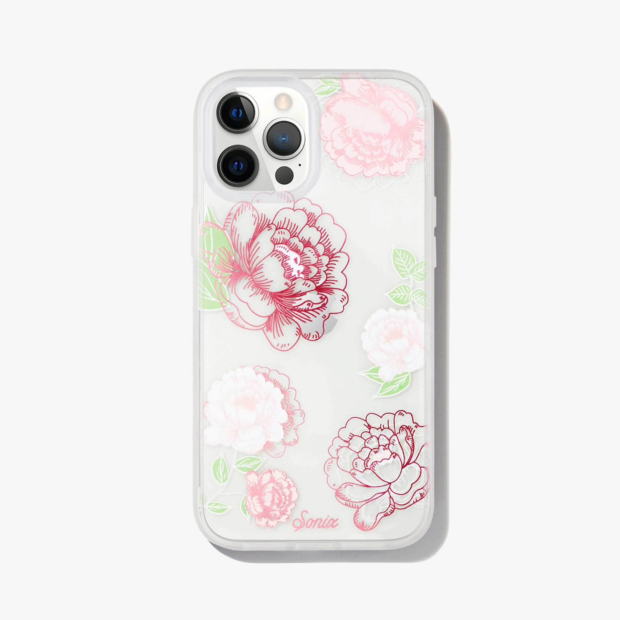 delicate pink and white roses, finished with pink foiling shown on an iphone 12 pro